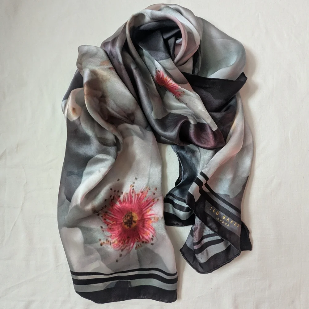 Ted Baker Silk Extra Large Botanical Floral Scarf Gray Pink